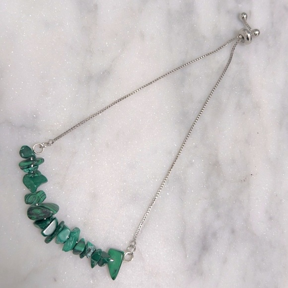 Green Irregular Natural Stone Malachite Silver Adjustable Slider Bracelet - Picture 7 of 7